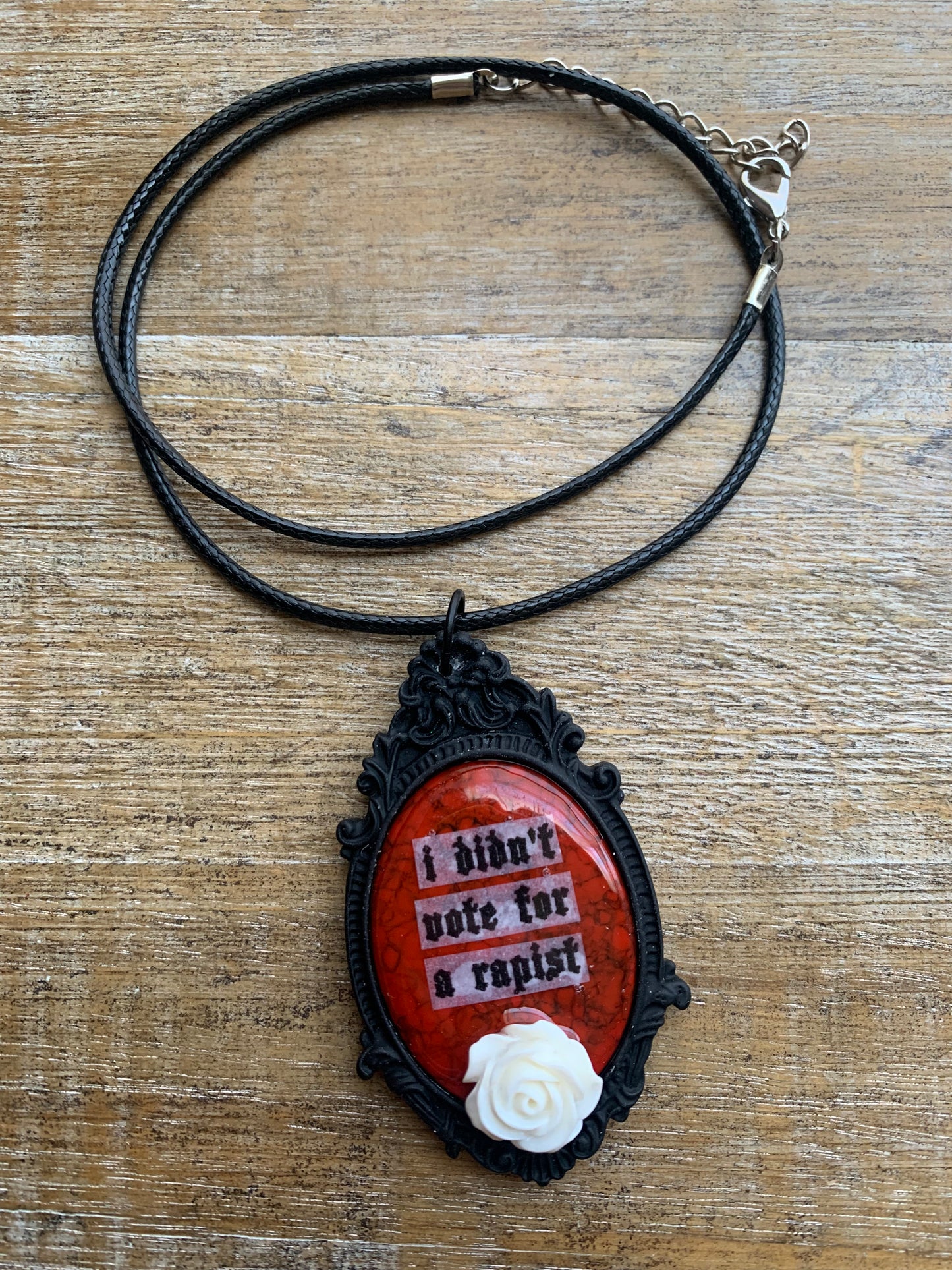 I Didn’t Vote for a Rapist Gothic Black & White Rose Cameo Cord Necklace