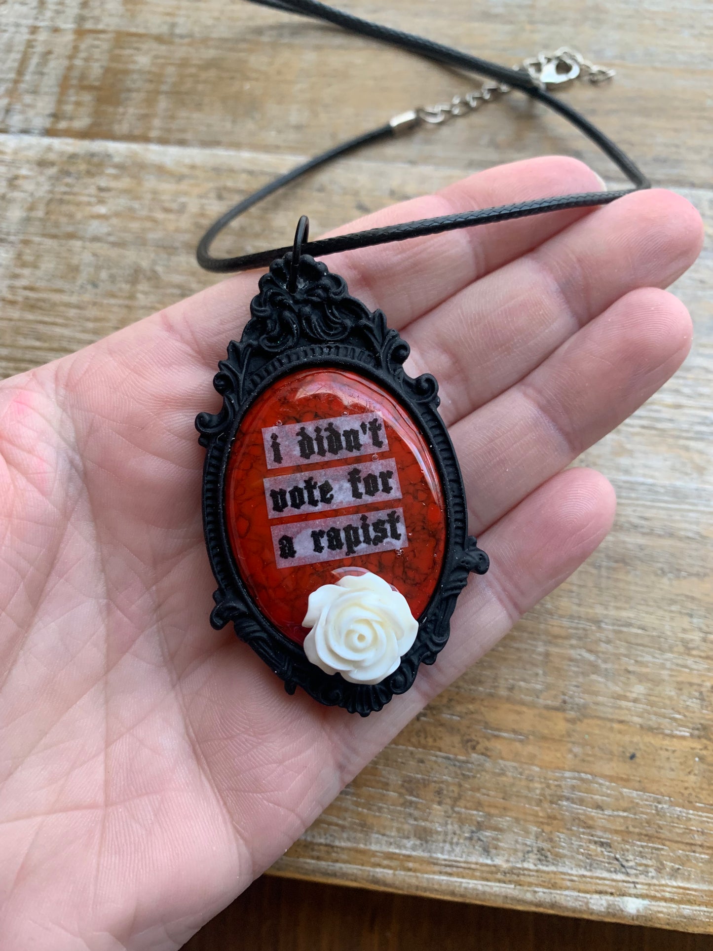 I Didn’t Vote for a Rapist Gothic Black & White Rose Cameo Cord Necklace