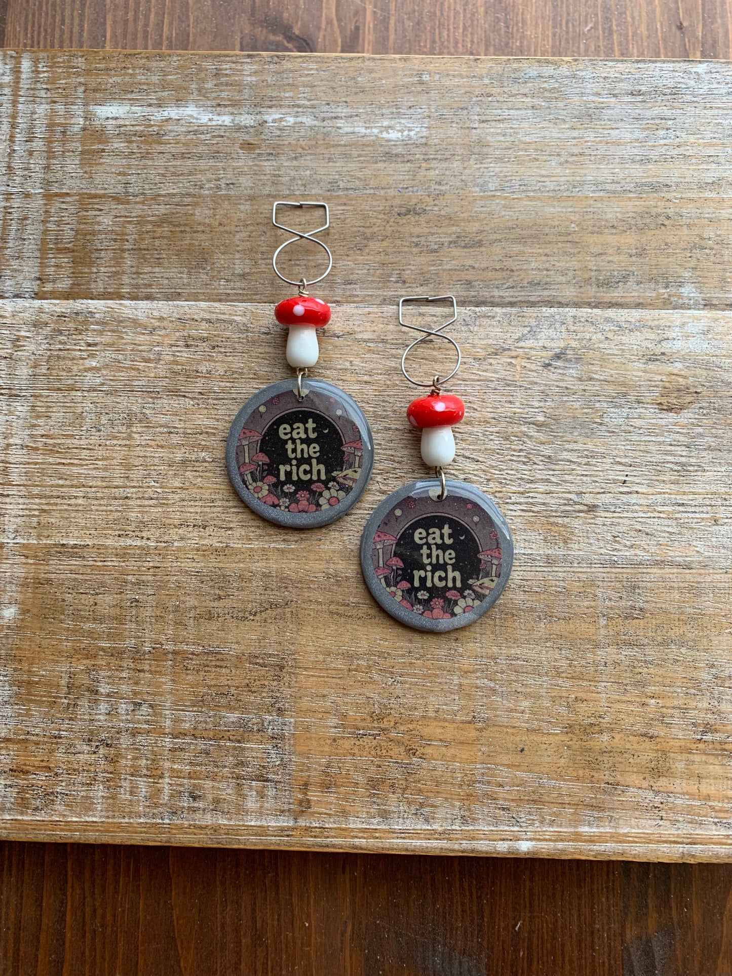 As-Is Eat The Rich Tunnel Gauge Earrings Cottage Mushroom Liberal Protest Polymer Clay Clip On Earrings