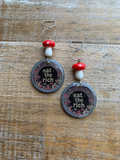 As-Is Eat The Rich Tunnel Gauge Earrings Cottage Mushroom Liberal Protest Polymer Clay Clip On Earrings