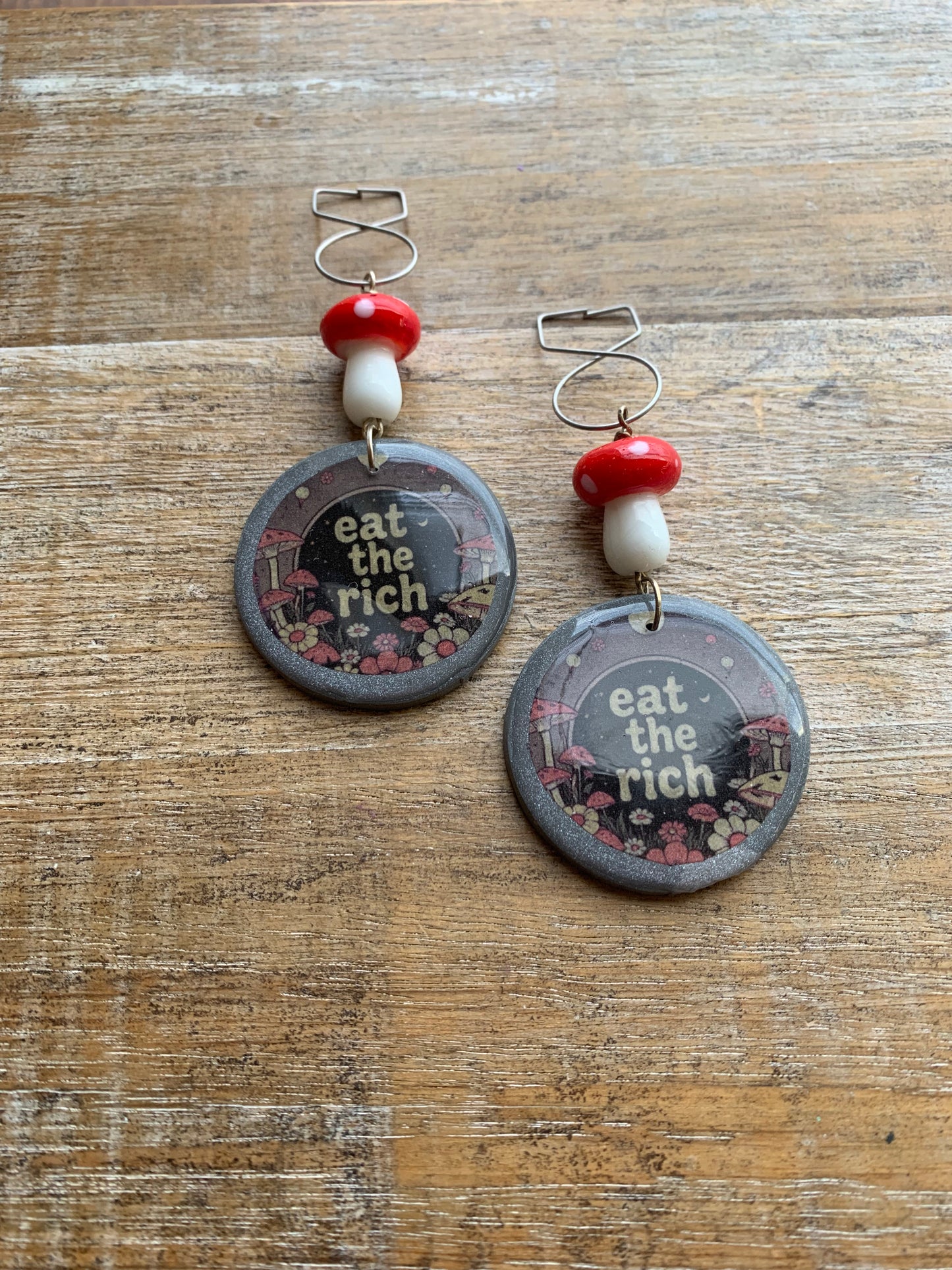 As-Is Eat The Rich Tunnel Gauge Earrings Cottage Mushroom Liberal Protest Polymer Clay Clip On Earrings