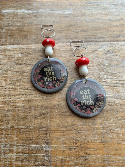 As-Is Eat The Rich Tunnel Gauge Earrings Cottage Mushroom Liberal Protest Polymer Clay Clip On Earrings