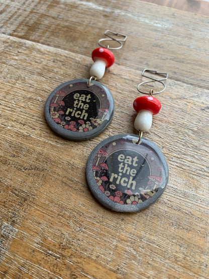 As-Is Eat The Rich Tunnel Gauge Earrings Cottage Mushroom Liberal Protest Polymer Clay Clip On Earrings