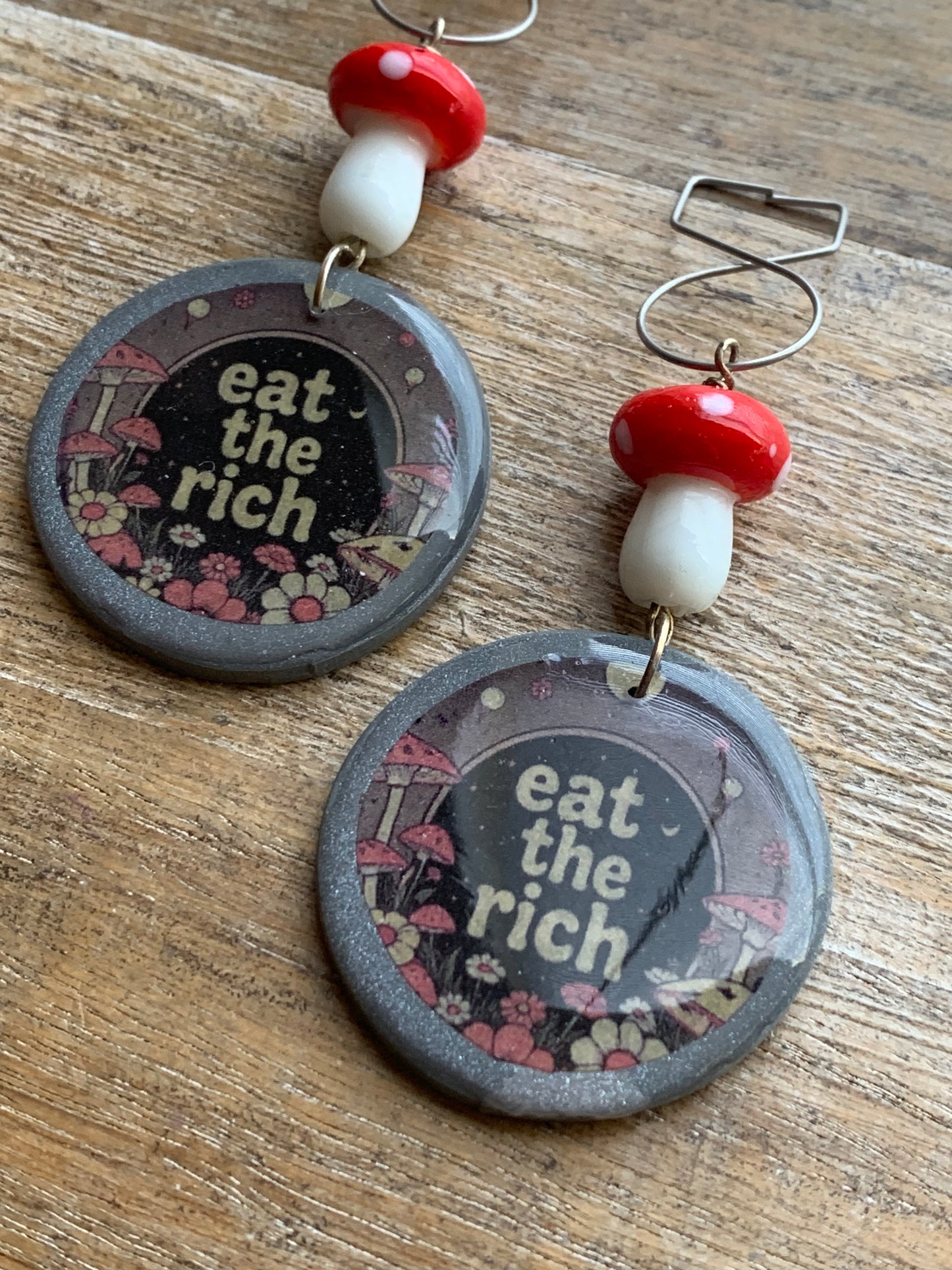 As-Is Eat The Rich Tunnel Gauge Earrings Cottage Mushroom Liberal Protest Polymer Clay Clip On Earrings