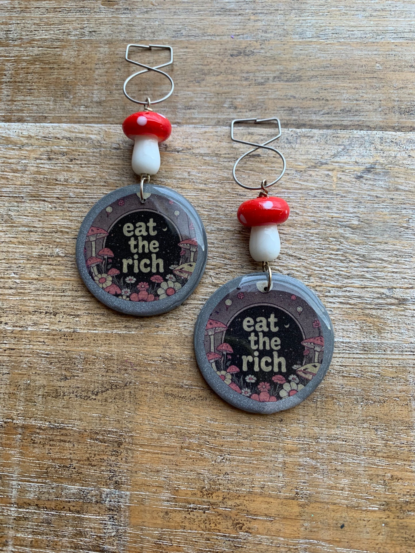 As-Is Eat The Rich Tunnel Gauge Earrings Cottage Mushroom Liberal Protest Polymer Clay Clip On Earrings