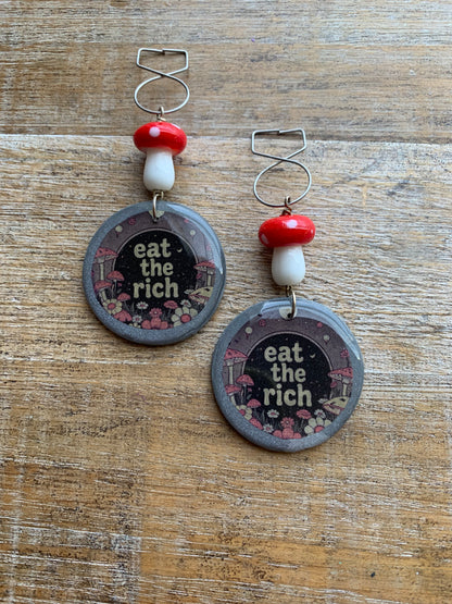 As-Is Eat The Rich Tunnel Gauge Earrings Cottage Mushroom Liberal Protest Polymer Clay Clip On Earrings