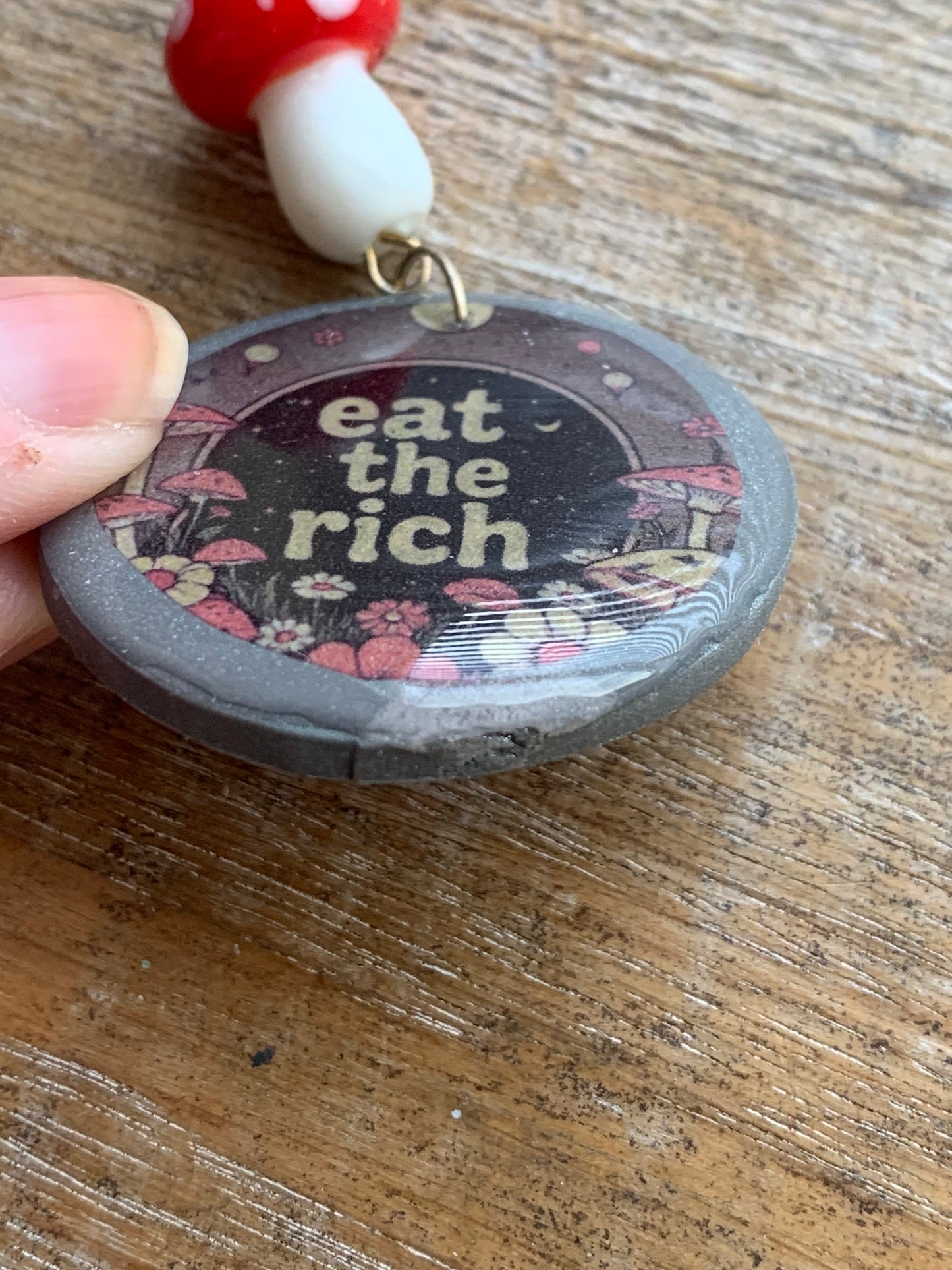 As-Is Eat The Rich Tunnel Gauge Earrings Cottage Mushroom Liberal Protest Polymer Clay Clip On Earrings