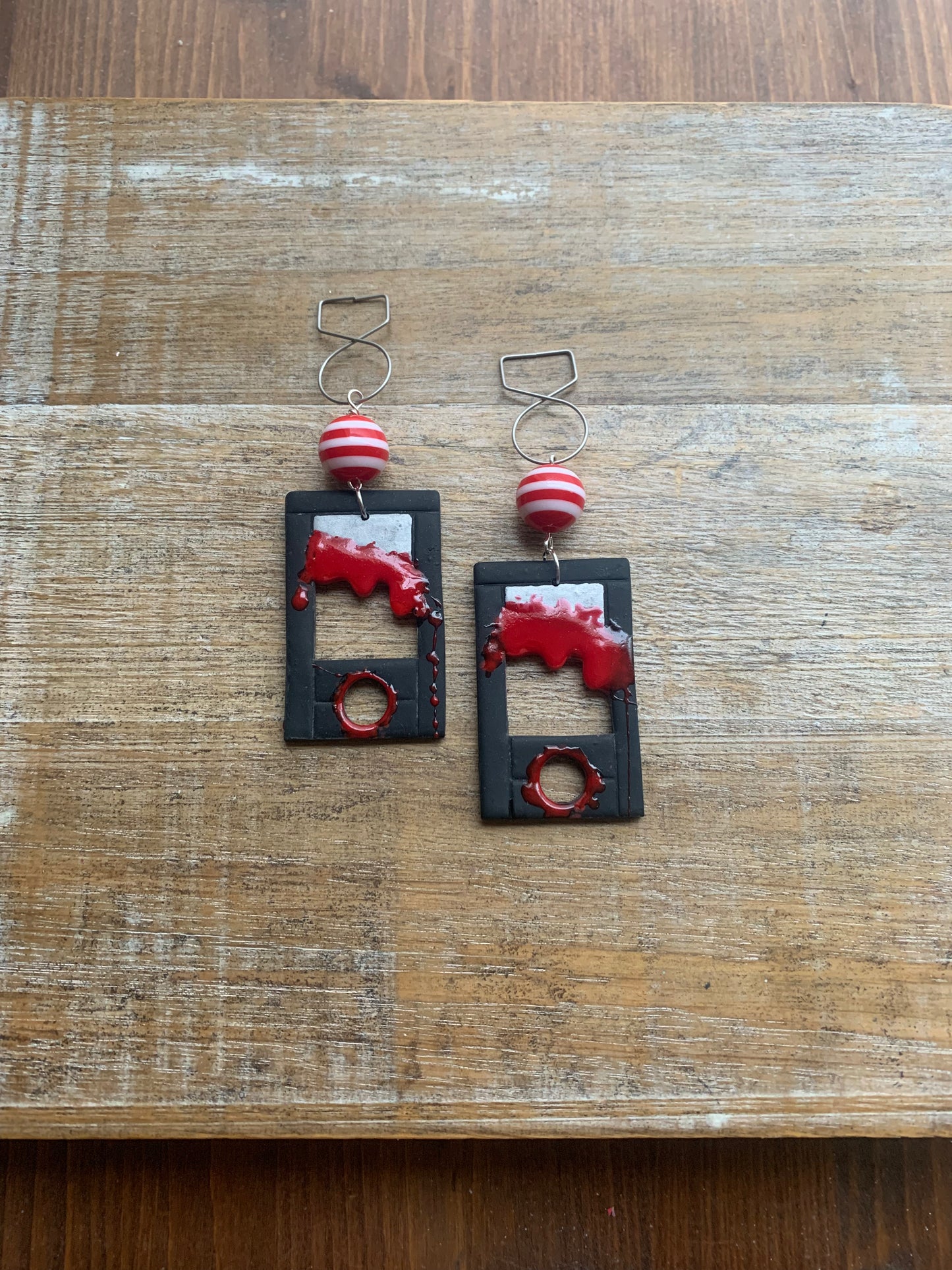 Bloody Black Guillotine Polymer Clay Eat the Rich Tunnel Gauge Earrings Gothic Clip On Earrings