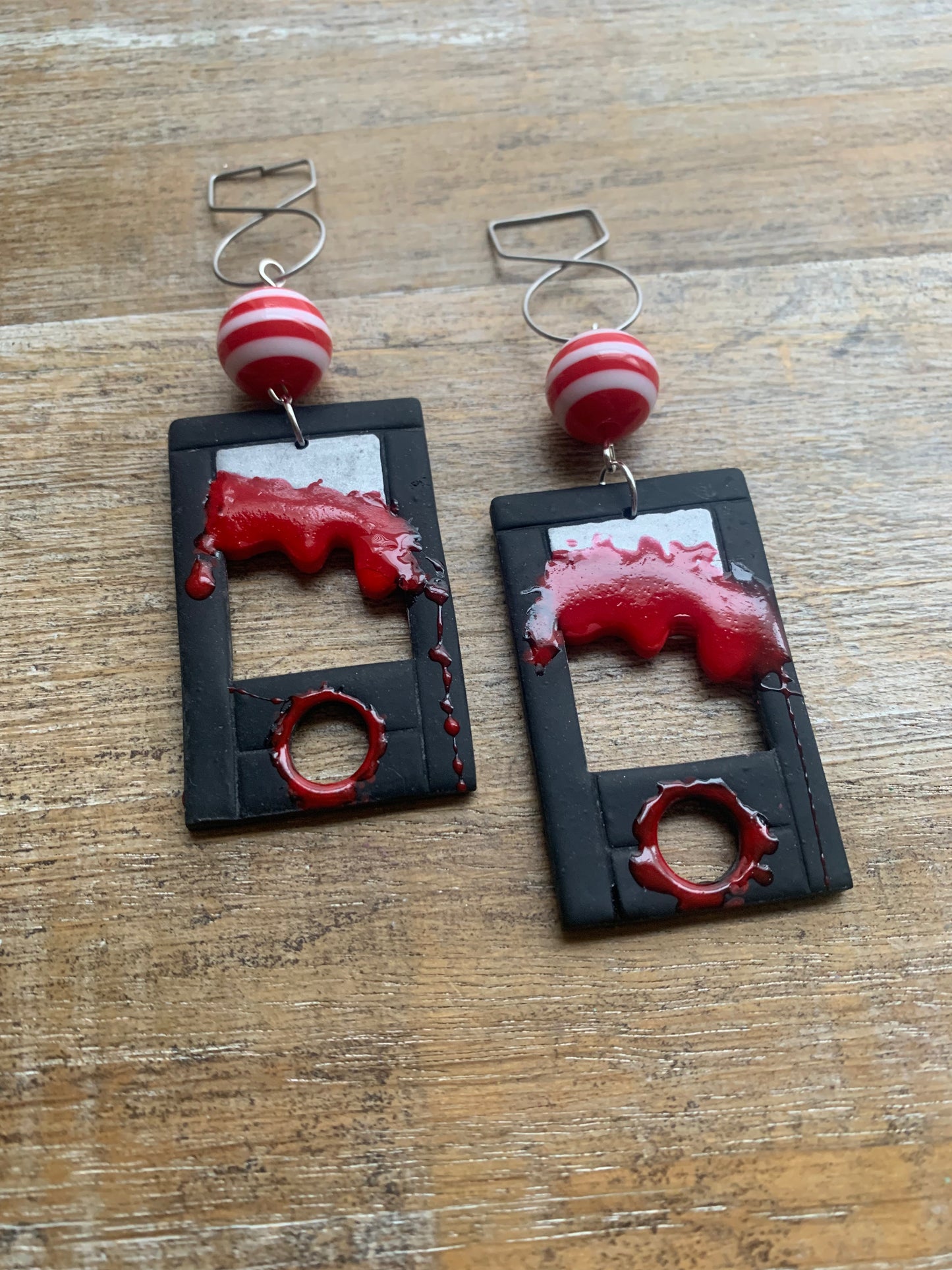 Bloody Black Guillotine Polymer Clay Eat the Rich Tunnel Gauge Earrings Gothic Clip On Earrings