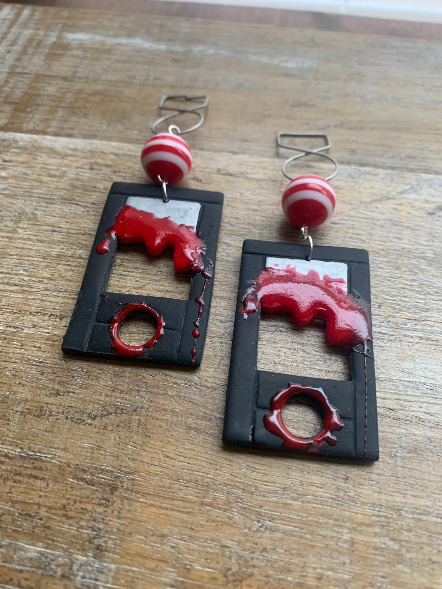 Bloody Black Guillotine Polymer Clay Eat the Rich Tunnel Gauge Earrings Gothic Clip On Earrings