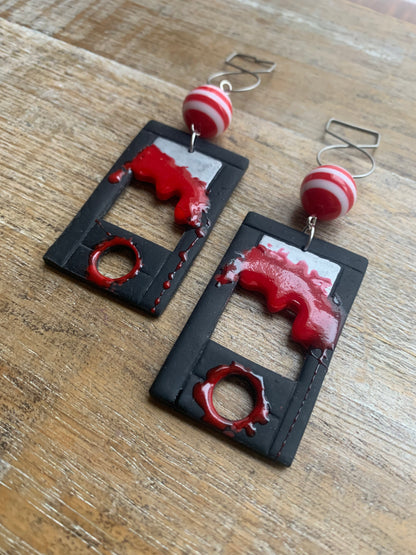 Bloody Black Guillotine Polymer Clay Eat the Rich Tunnel Gauge Earrings Gothic Clip On Earrings