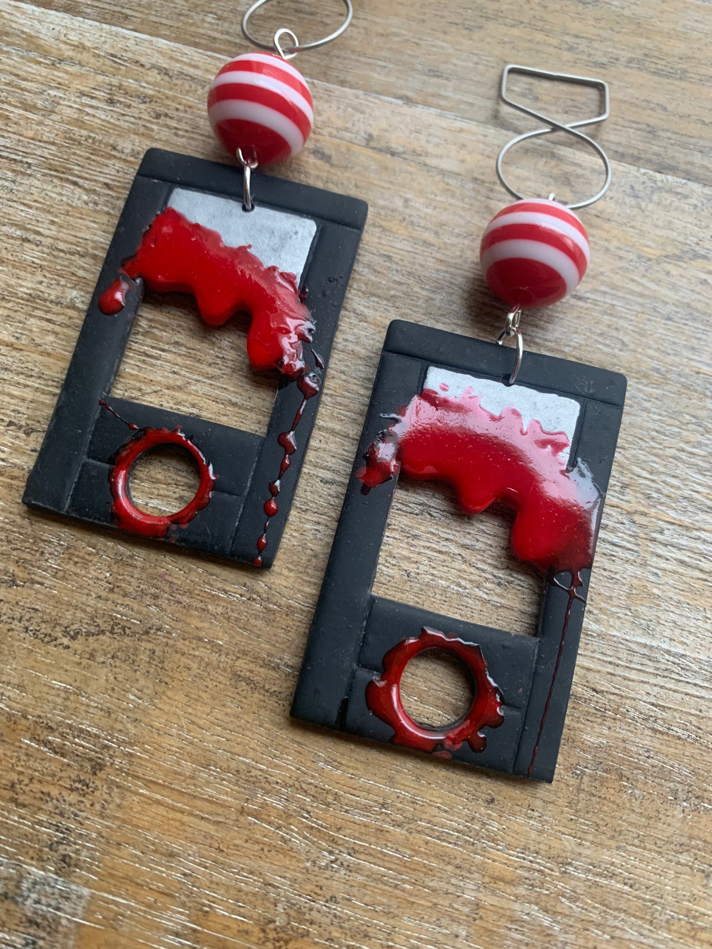 Bloody Black Guillotine Polymer Clay Eat the Rich Tunnel Gauge Earrings Gothic Clip On Earrings