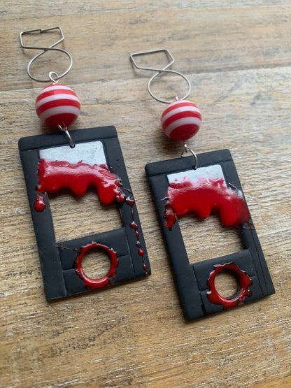 Bloody Black Guillotine Polymer Clay Eat the Rich Tunnel Gauge Earrings Gothic Clip On Earrings