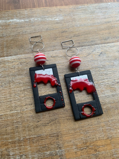 Bloody Black Guillotine Polymer Clay Eat the Rich Tunnel Gauge Earrings Gothic Clip On Earrings