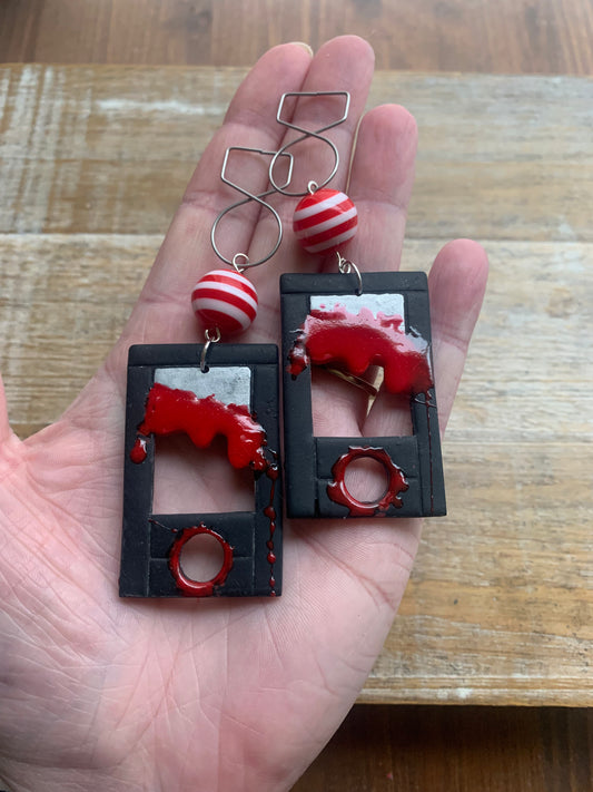 Bloody Black Guillotine Polymer Clay Eat the Rich Tunnel Gauge Earrings Gothic Clip On Earrings