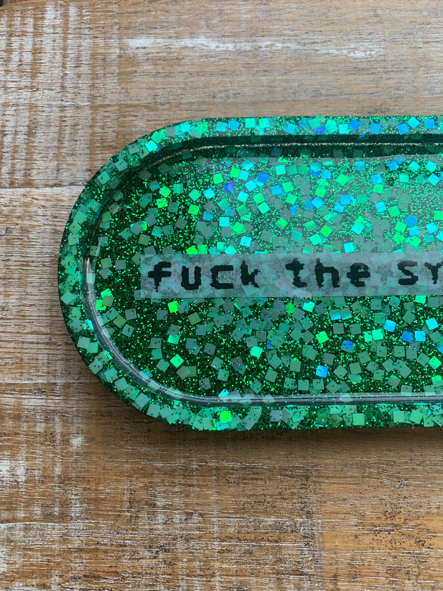 Fuck The System Green Glitter Resin Jewelry Tray Desk Shelf Decor