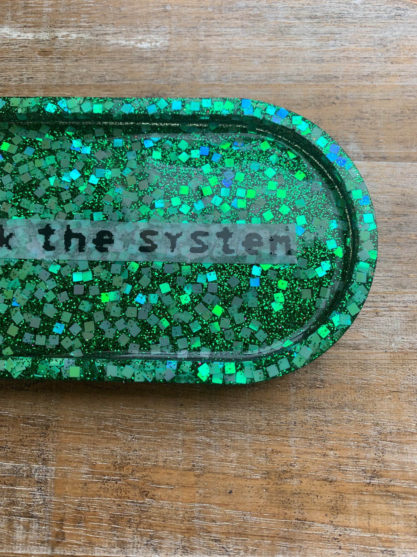Fuck The System Green Glitter Resin Jewelry Tray Desk Shelf Decor