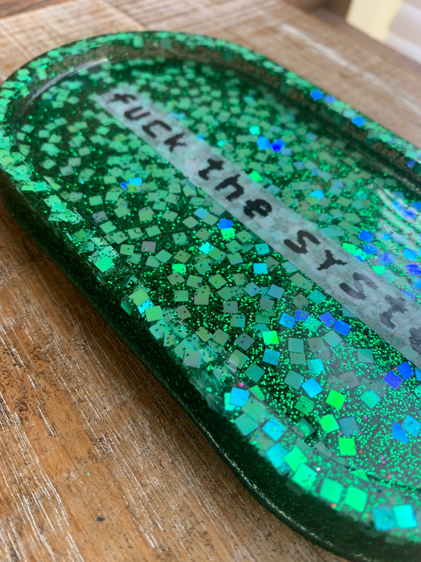 Fuck The System Green Glitter Resin Jewelry Tray Desk Shelf Decor