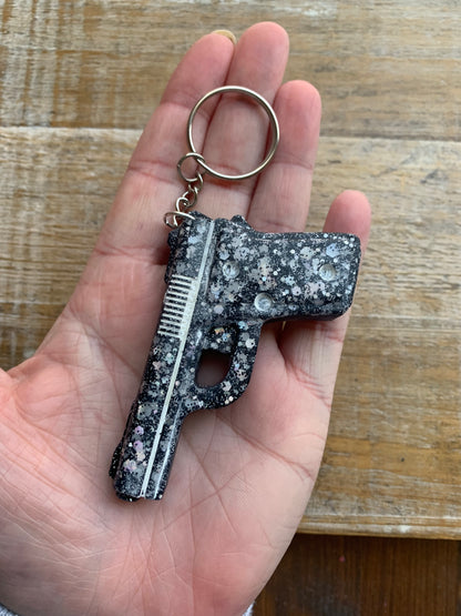Black Gun Keychain Gothic Glitter Large Resin Gun Keyring