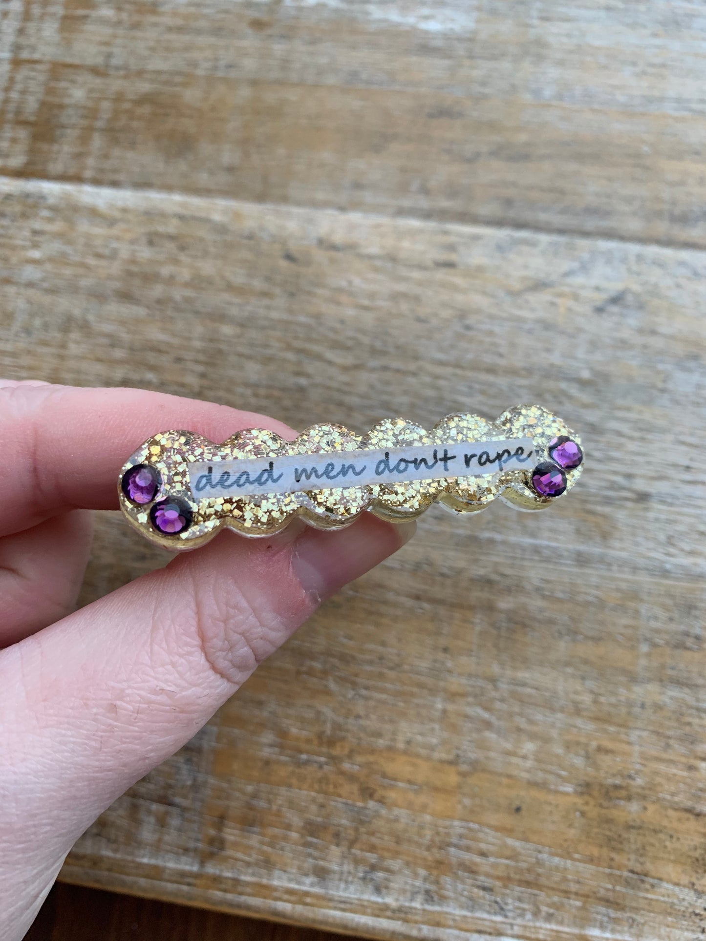 Dead Men Don’t Rape Rhinestone Resin Pin Gold & Purple Glitter Brooch