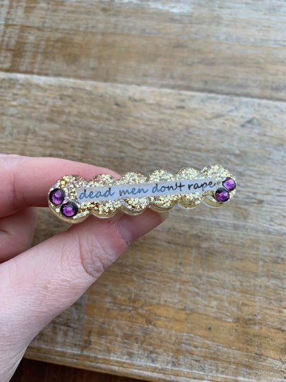 Dead Men Don’t Rape Rhinestone Resin Pin Gold & Purple Glitter Brooch