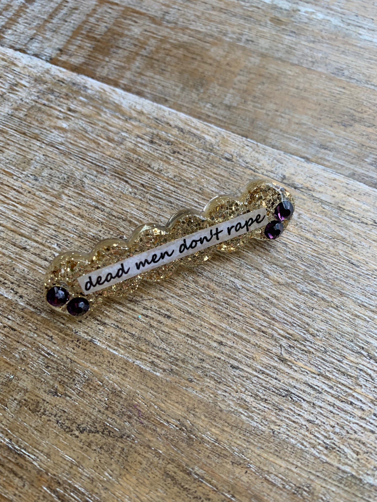 Dead Men Don’t Rape Rhinestone Resin Pin Gold & Purple Glitter Brooch