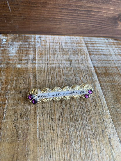 Dead Men Don’t Rape Rhinestone Resin Pin Gold & Purple Glitter Brooch