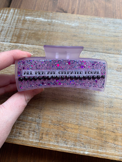 All Men Are Cremated Equal Resin Large Hair Claw Rhinestone Feminist Purple Glitter Hair Clip Accessory