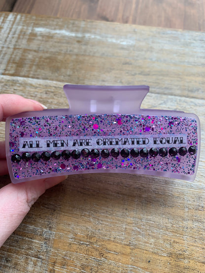 All Men Are Cremated Equal Resin Large Hair Claw Rhinestone Feminist Purple Glitter Hair Clip Accessory