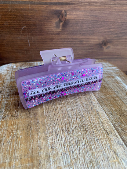 All Men Are Cremated Equal Resin Large Hair Claw Rhinestone Feminist Purple Glitter Hair Clip Accessory
