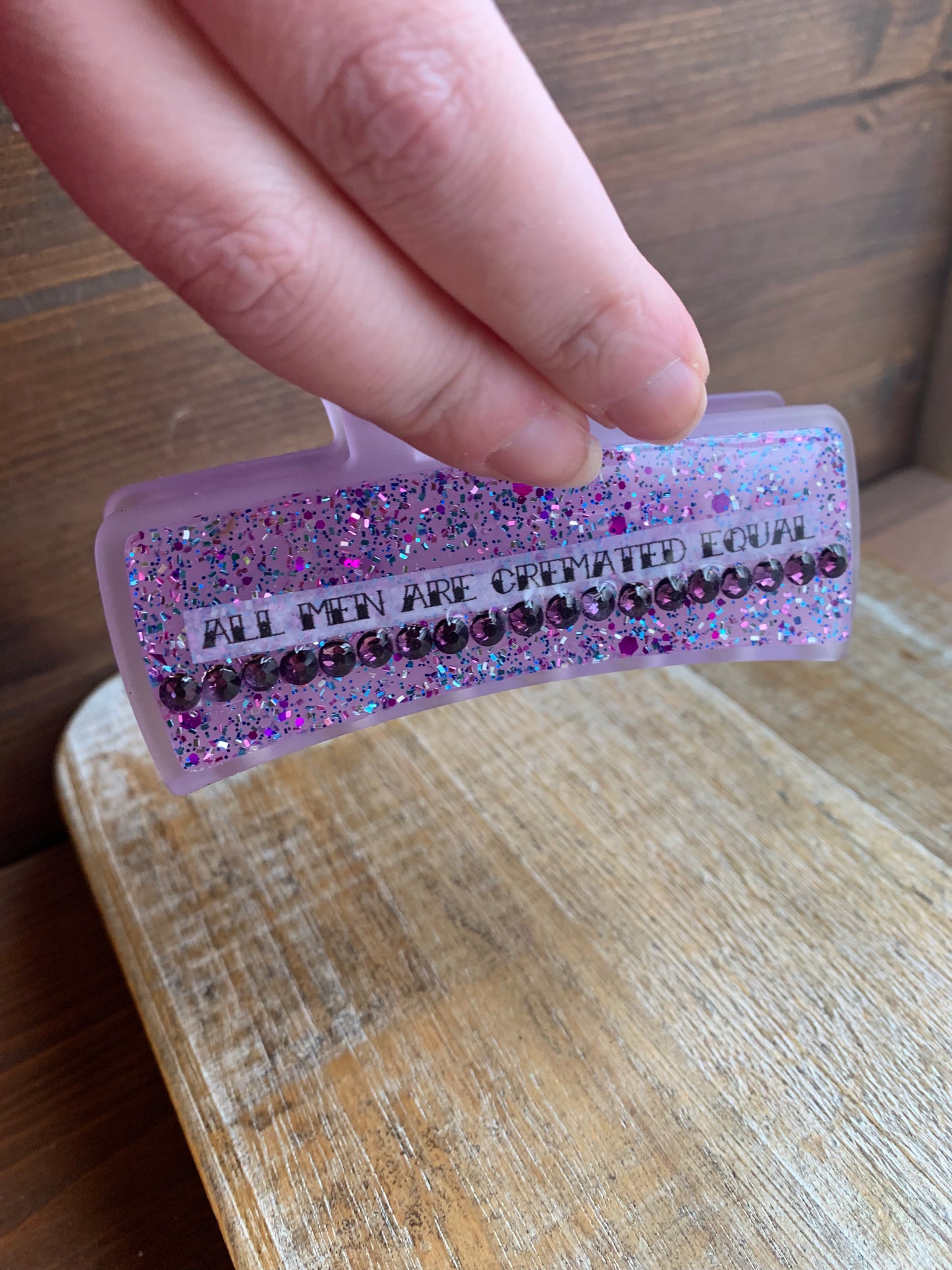 All Men Are Cremated Equal Resin Large Hair Claw Rhinestone Feminist Purple Glitter Hair Clip Accessory