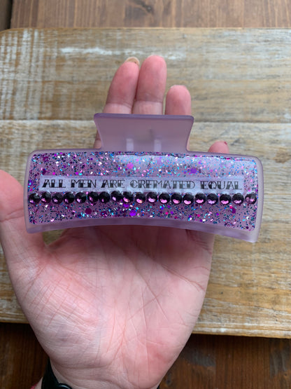 All Men Are Cremated Equal Resin Large Hair Claw Rhinestone Feminist Purple Glitter Hair Clip Accessory