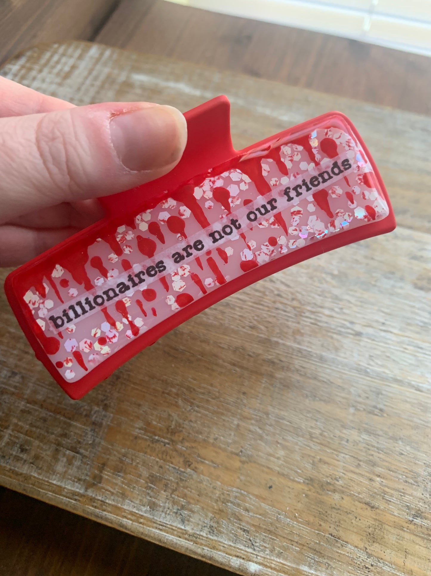Billionaires Are Not Our Friends Resin Large Hair Claw Bloody Goth Feminist Red Glitter Hair Clip Accessory