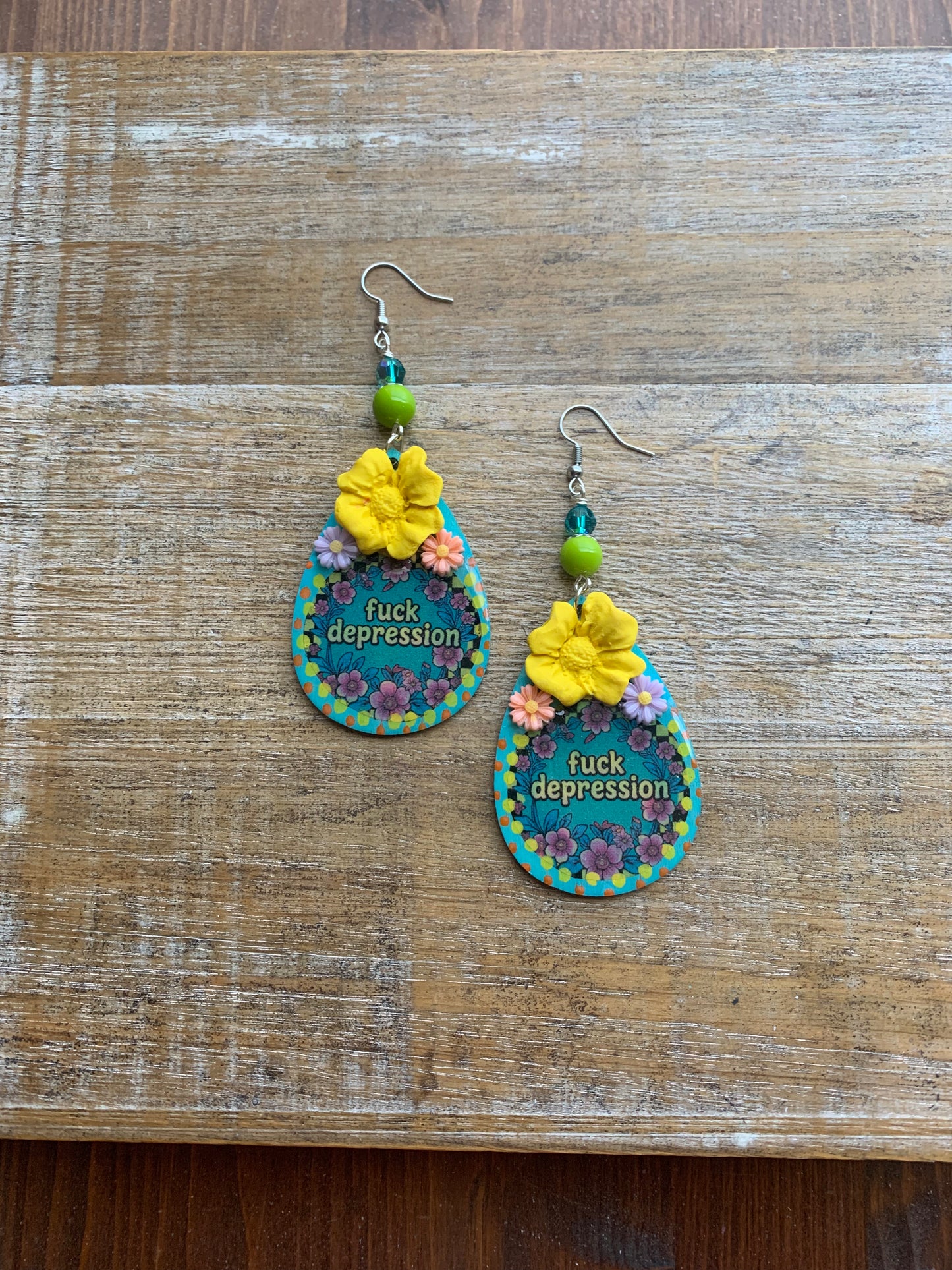 Fuck Depression Earrings Wood Fuck PTSD Clip On Mental Health Teal Ear Hangers