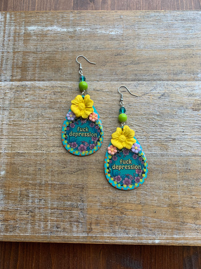 Fuck Depression Earrings Wood Fuck PTSD Clip On Mental Health Teal Ear Hangers