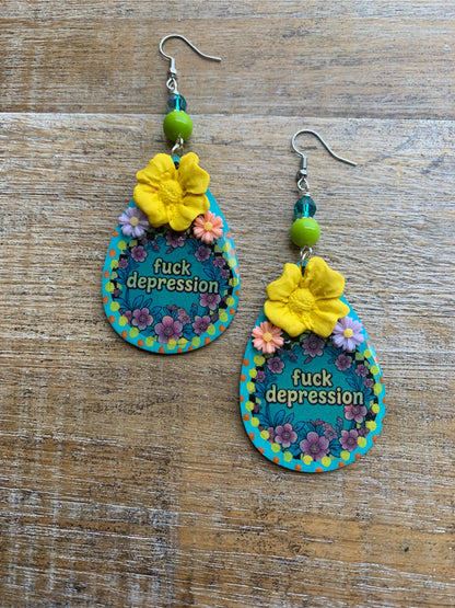 Fuck Depression Earrings Wood Fuck PTSD Clip On Mental Health Teal Ear Hangers