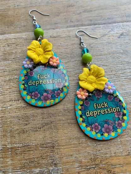 Fuck Depression Earrings Wood Fuck PTSD Clip On Mental Health Teal Ear Hangers