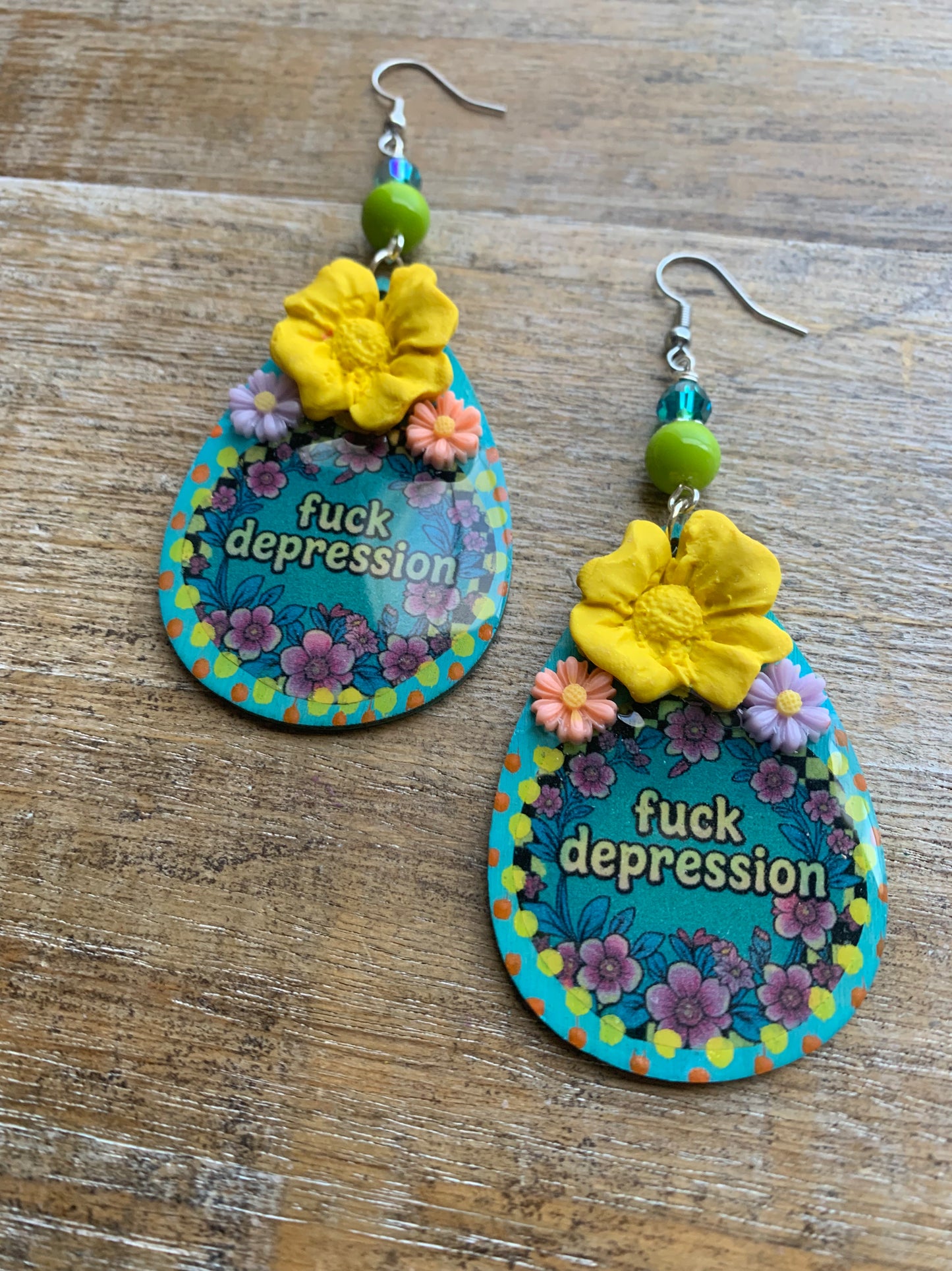 Fuck Depression Earrings Wood Fuck PTSD Clip On Mental Health Teal Ear Hangers
