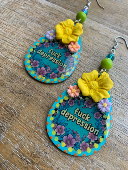 Fuck Depression Earrings Wood Fuck PTSD Clip On Mental Health Teal Ear Hangers