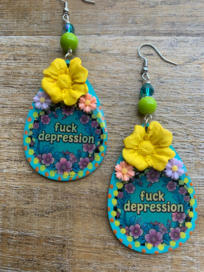 Fuck Depression Earrings Wood Fuck PTSD Clip On Mental Health Teal Ear Hangers