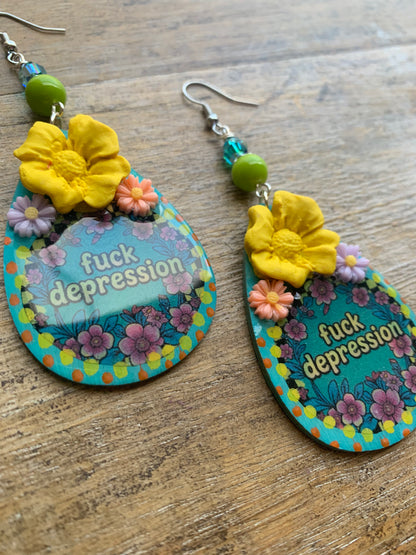 Fuck Depression Earrings Wood Fuck PTSD Clip On Mental Health Teal Ear Hangers