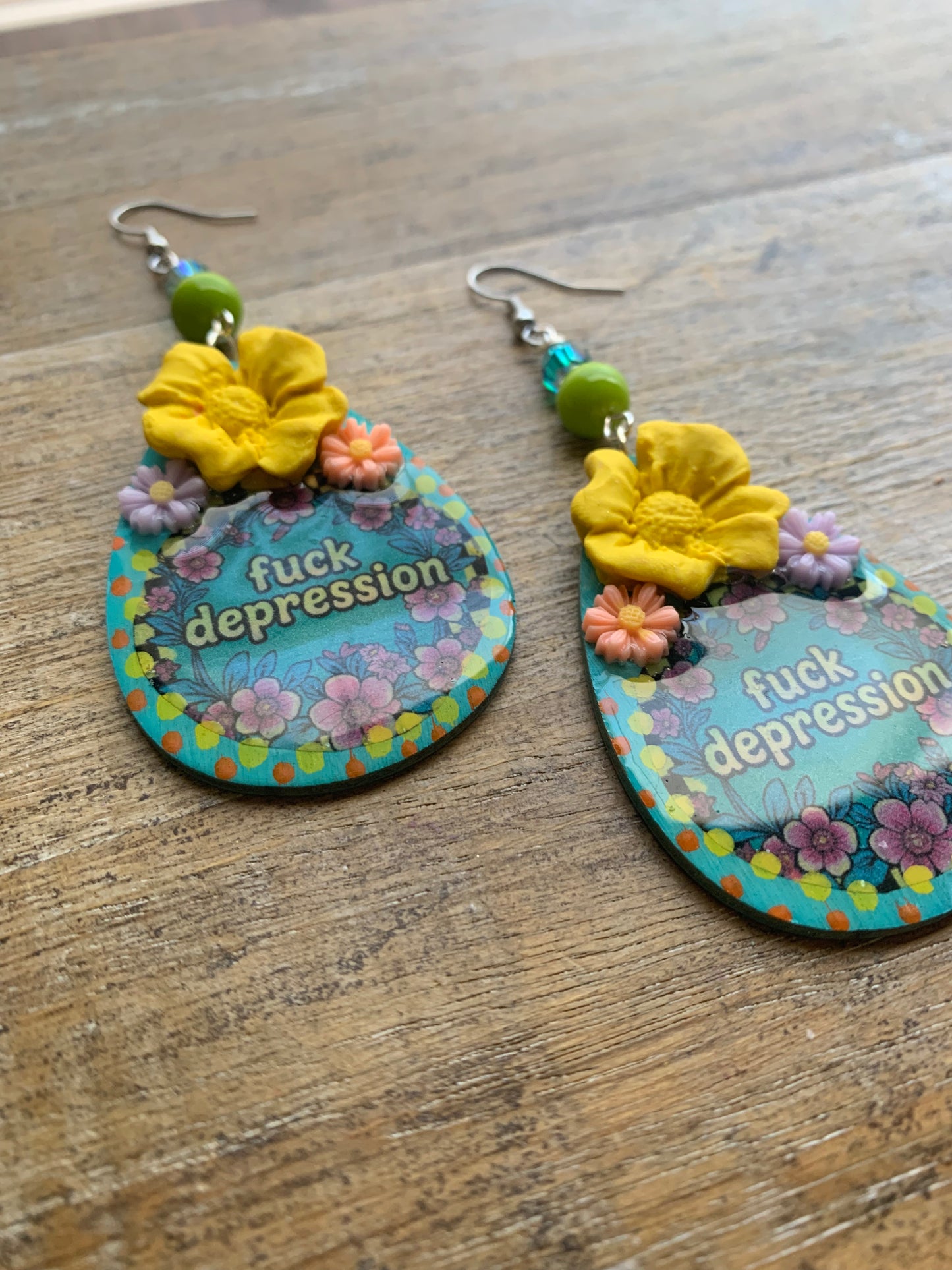 Fuck Depression Earrings Wood Fuck PTSD Clip On Mental Health Teal Ear Hangers