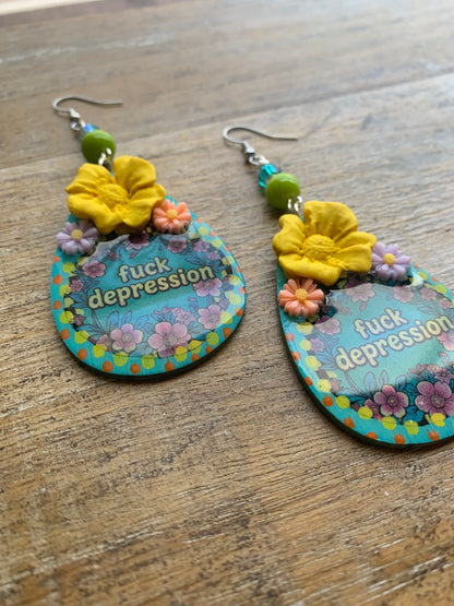 Fuck Depression Earrings Wood Fuck PTSD Clip On Mental Health Teal Ear Hangers