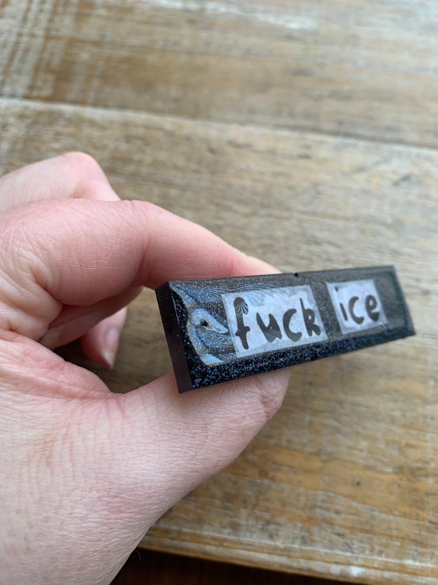 As-Is Fuck Ice Black Glitter Pin Brooch Resin Anti Ice Protest Statement Pin