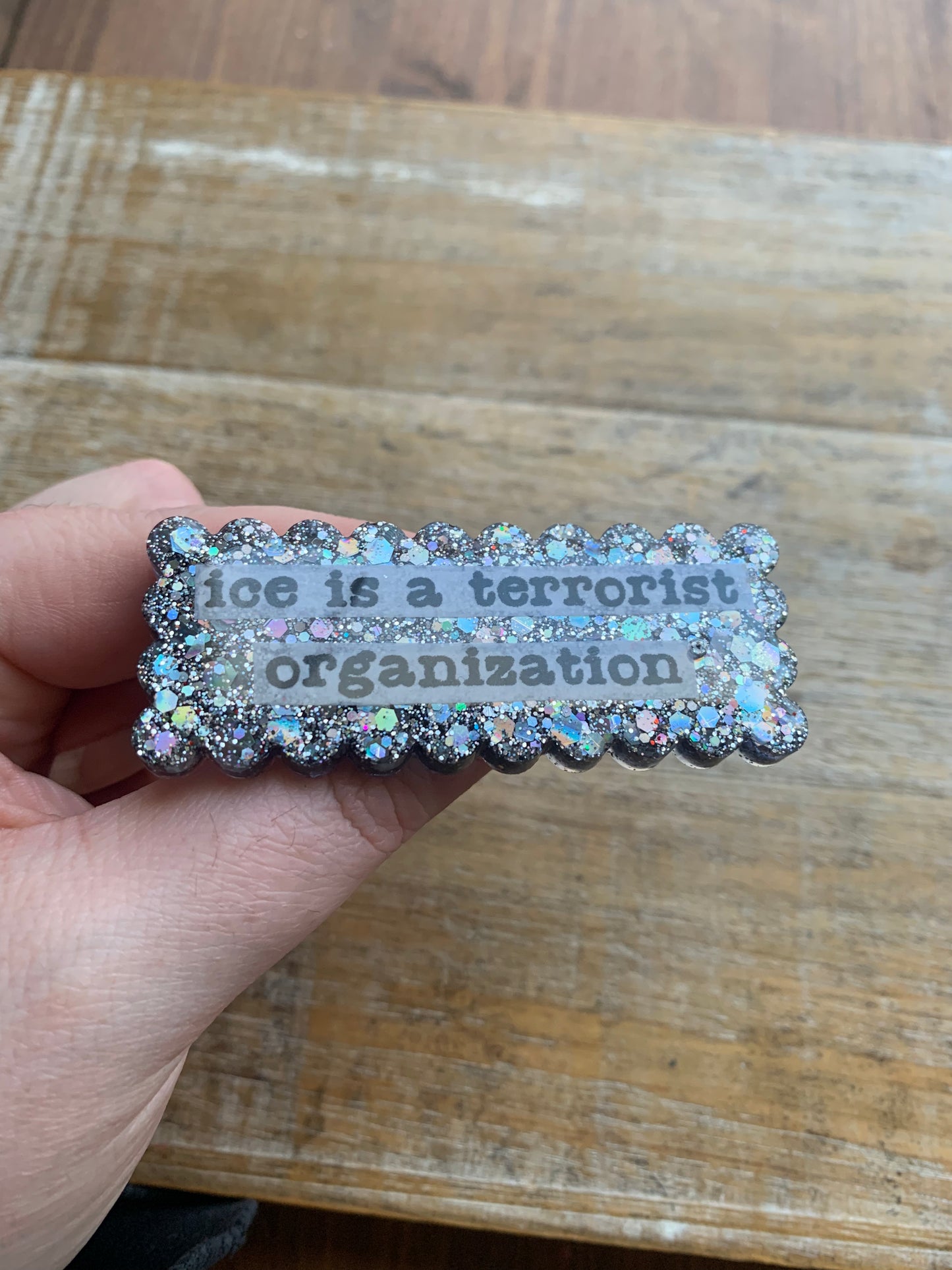 Ice Is A Terrorist Organization Silver Glitter Pin Brooch Resin Anti Ice Protest Statement Pin