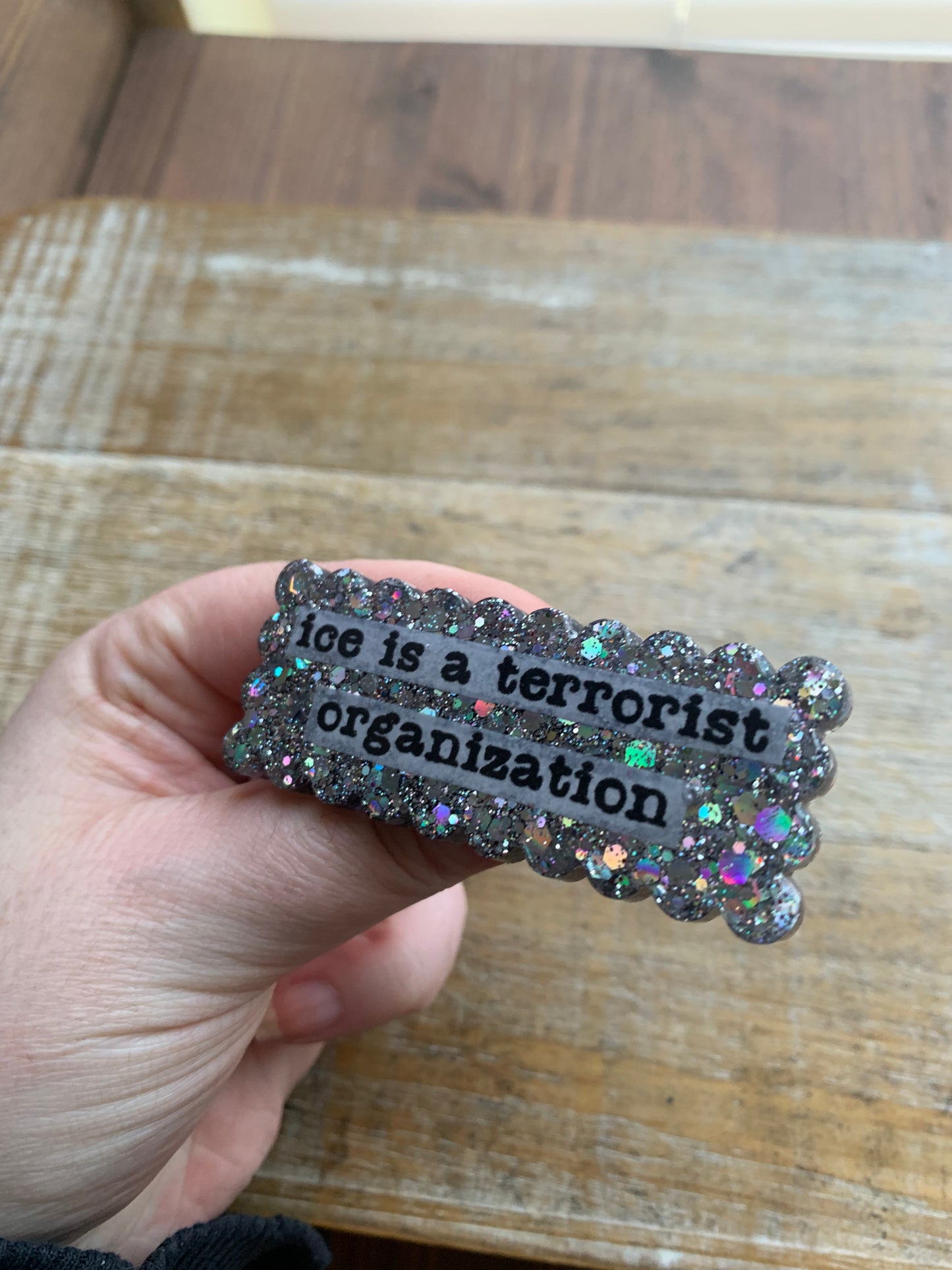 Ice Is A Terrorist Organization Silver Glitter Pin Brooch Resin Anti Ice Protest Statement Pin