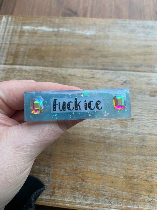 Fuck Ice Baby Blue Glitter Pin Brooch Resin Anti Ice Protest Statement Pin with Rhinestones