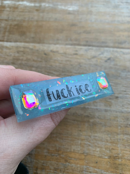 Fuck Ice Baby Blue Glitter Pin Brooch Resin Anti Ice Protest Statement Pin with Rhinestones