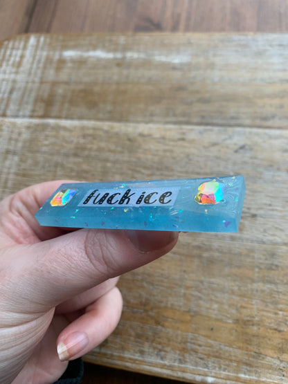 Fuck Ice Baby Blue Glitter Pin Brooch Resin Anti Ice Protest Statement Pin with Rhinestones