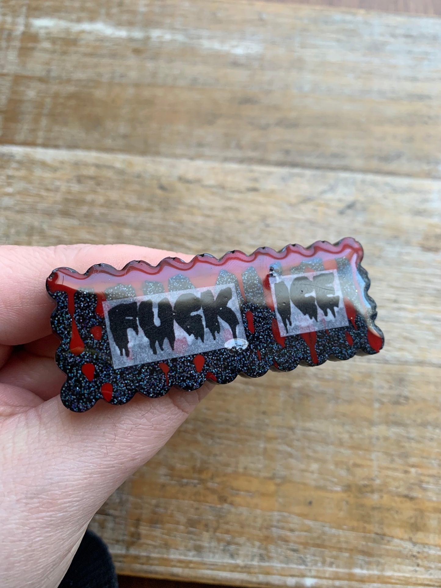 As-Is Fuck Ice Bloody Gothic Glitter Pin Brooch Resin Anti Ice Protest Statement Pin Hand-Painted